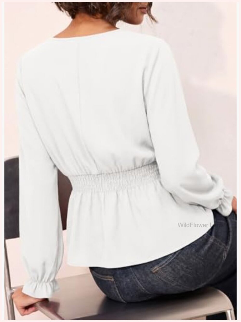 V-Neck Long Sleeve Peplum Blouse with Pearl Buttons - Picture 2 of 6